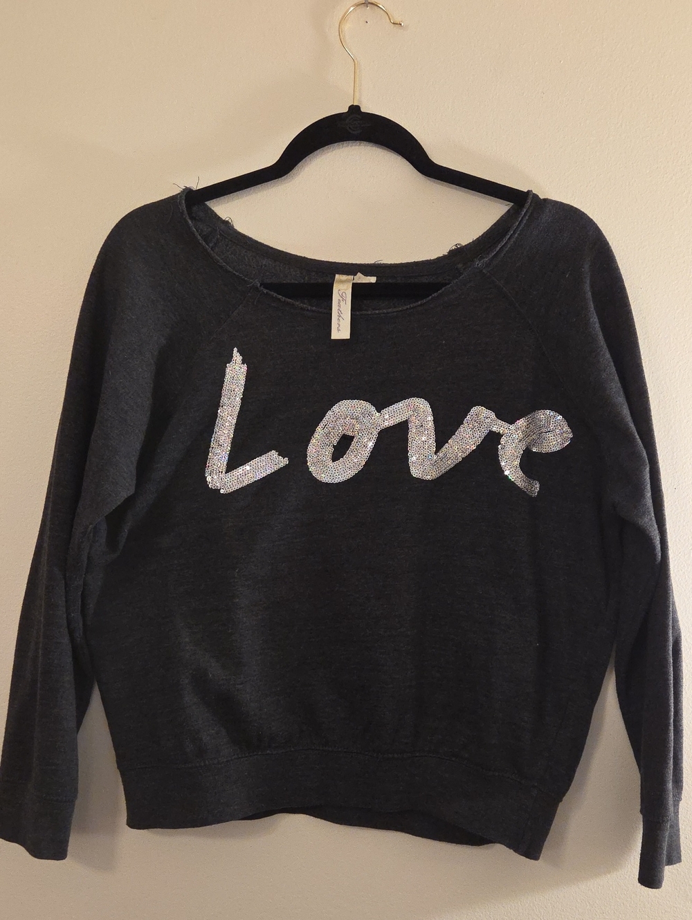 'Love' Sequin Charcoal Grey Sweatshirt By Feathers Women Medium